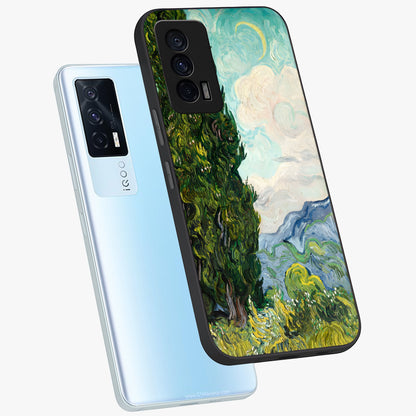 Van Gogh Vintage Art Glass Case displayed in angled mockup highlighting textured brushstroke design with classic aesthetic.