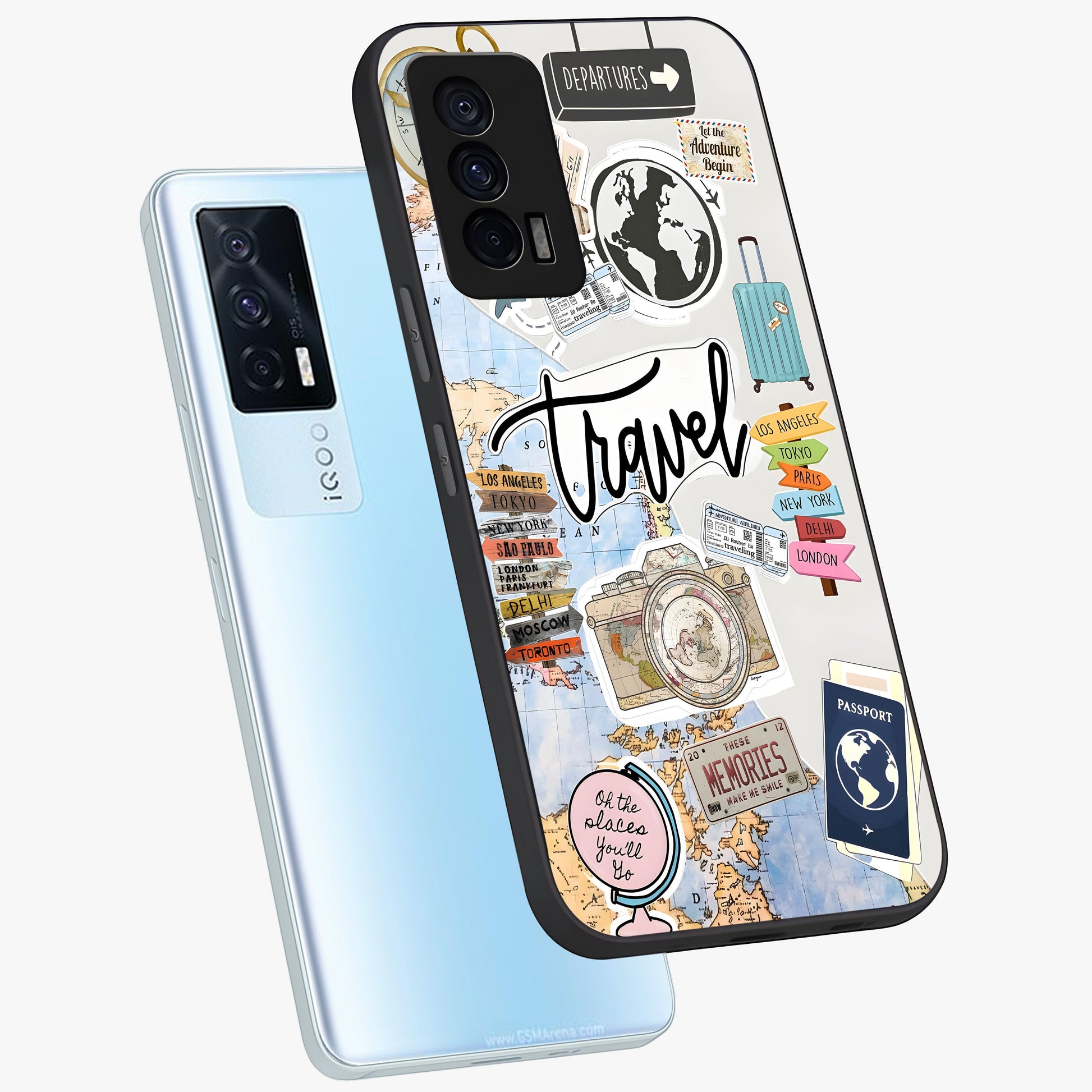 Wanderlust Journal Glass Case displayed in angled mockup highlighting adventure themed design with aesthetic travel vibe.