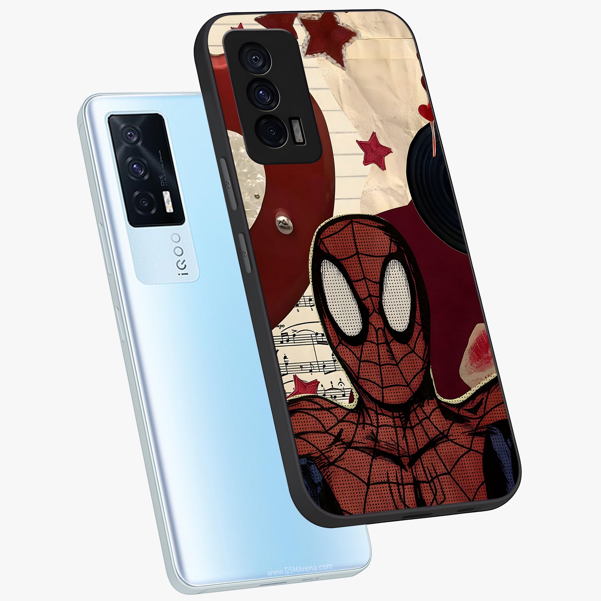 Web Warrior Vibes Glass Case displayed in angled mockup highlighting dynamic web design with comic style aesthetic.