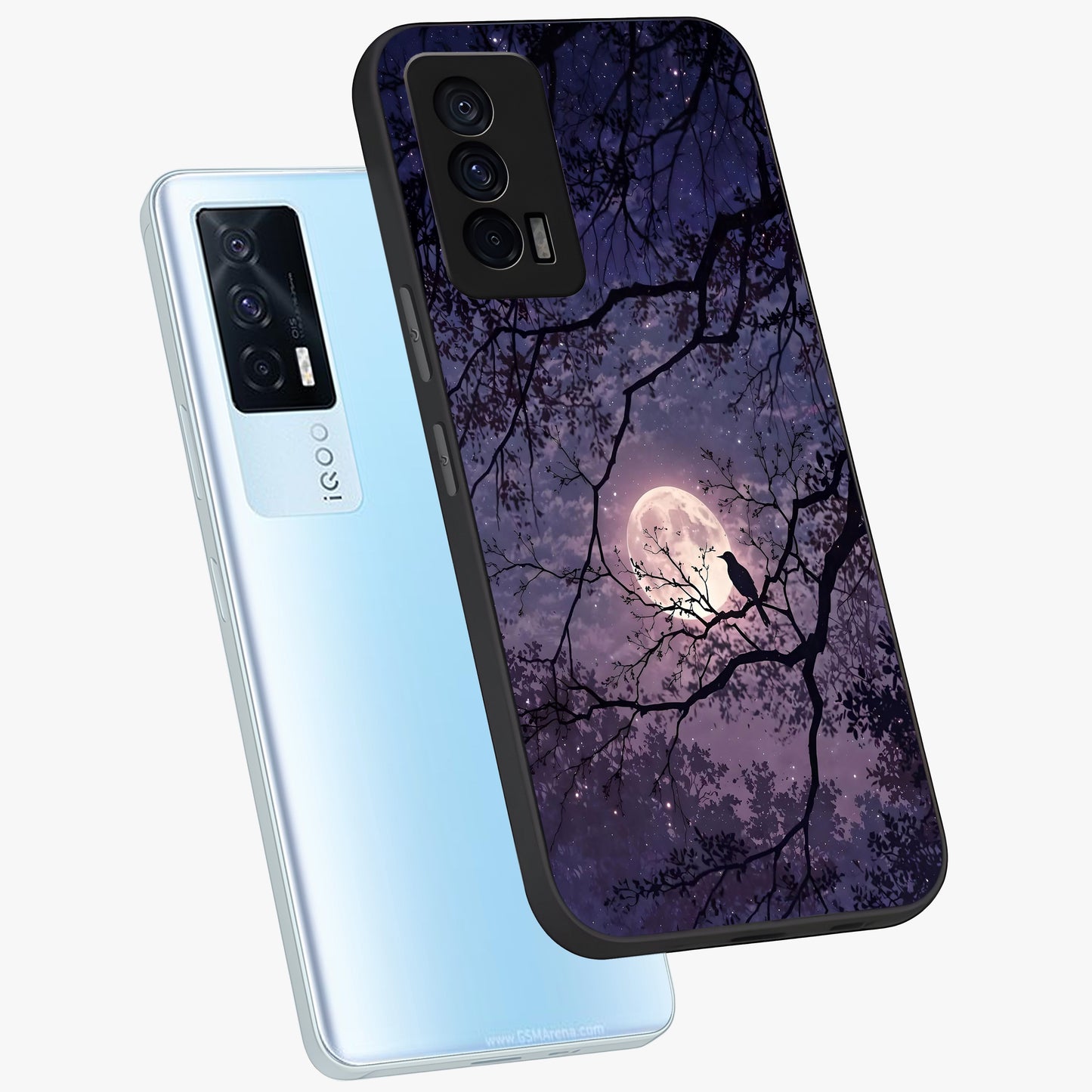 Whispering Moon Silence Glass Case displayed in angled mockup highlighting calm lunar design with dreamy night aesthetic.