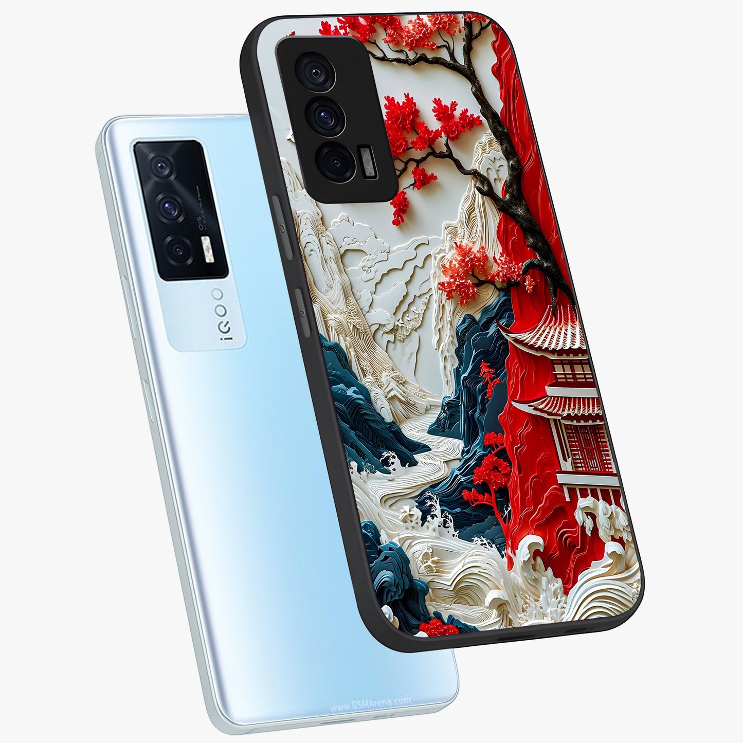 Whispers Of Sakura Waves Glass Case displayed in angled mockup highlighting flowing sakura design with soft floral aesthetic.
