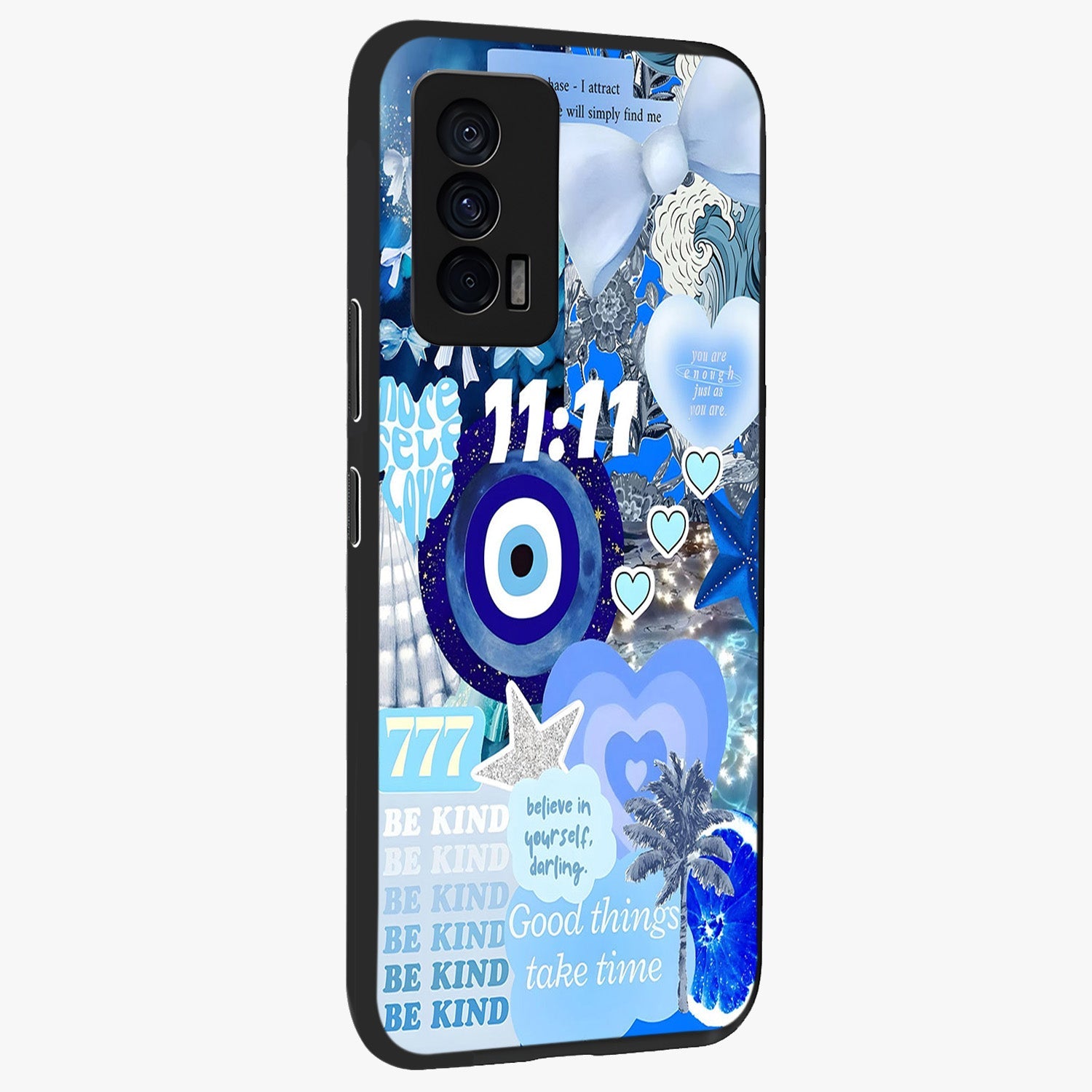 Aesthetic Be Kind Eye Glass Case upright view showcasing stylish eye illustration with positive message theme.