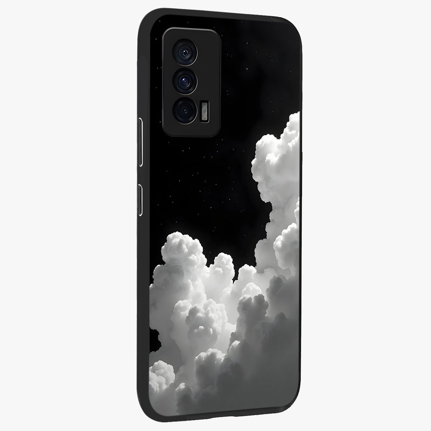 Black Background With White Cloud Glass Case upright view showcasing calm cloud aesthetic with modern minimal style.