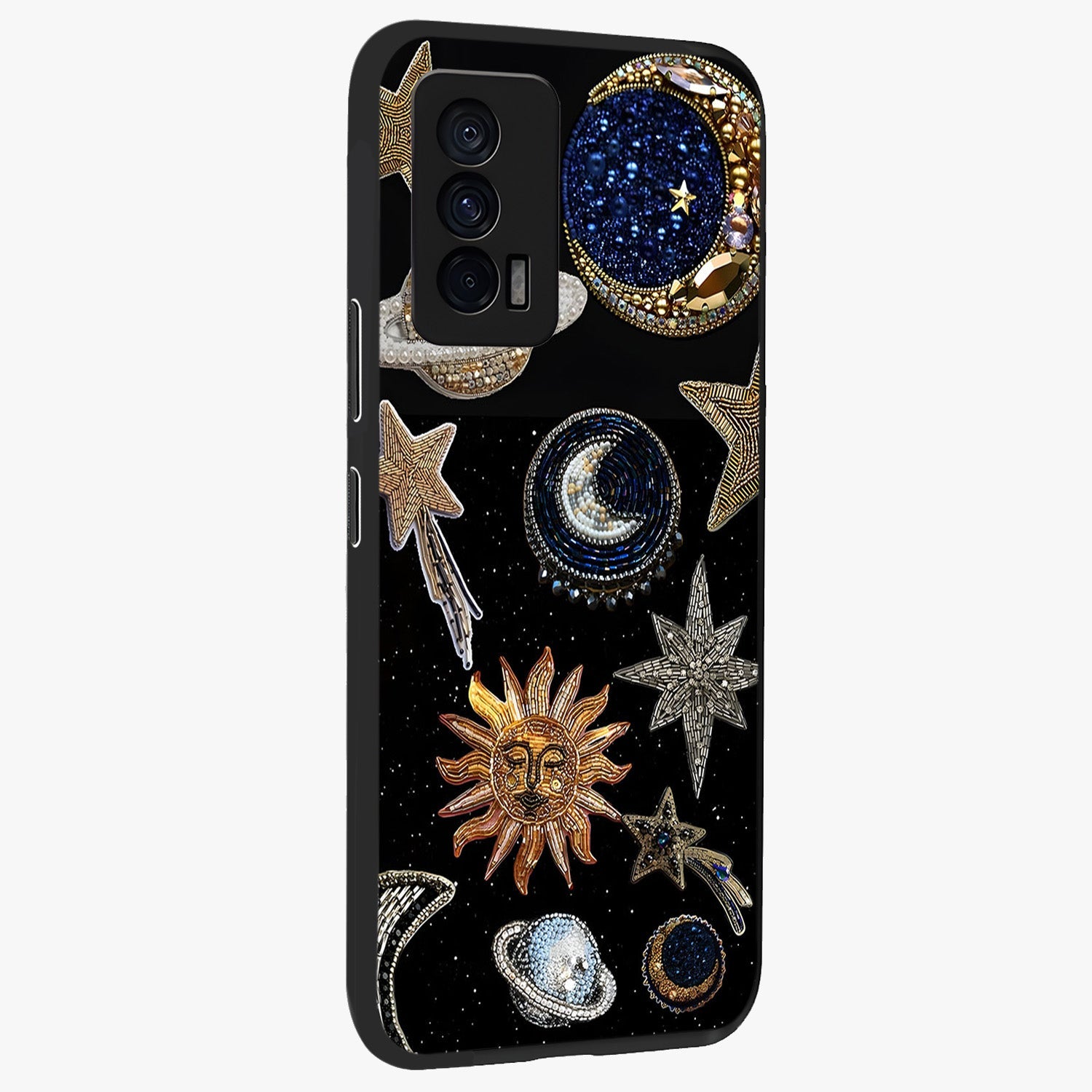 Celestial Gem Constellations Glass Case upright view showcasing cosmic constellation artwork with celestial aesthetic style.
