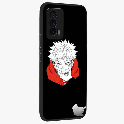 Crimson Chaos Smile Glass Case upright view showcasing expressive chaotic artwork with striking visual theme.