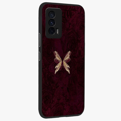 Crimson Fade Butterfly Glass Case upright view showcasing graceful butterfly artwork with soft crimson fade effect.
