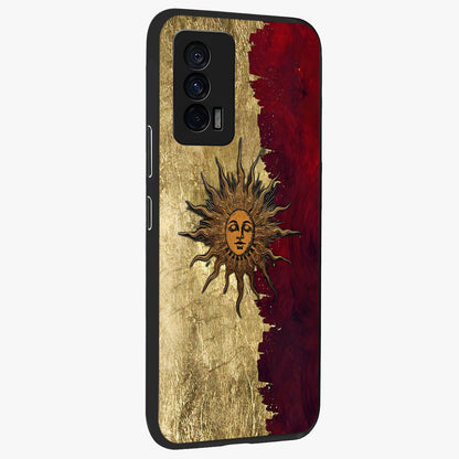 Crimson Sun Majesty Glass Case upright view showcasing vibrant sun artwork with powerful celestial theme.