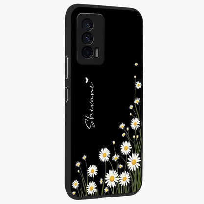 Daisy Cascade Custom Name Glass Case upright view showcasing elegant floral cascade design with personalized aesthetic.