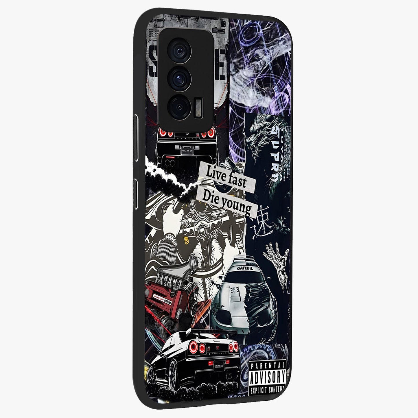 Die Young Glass Case upright view showcasing striking typography artwork with modern statement theme.