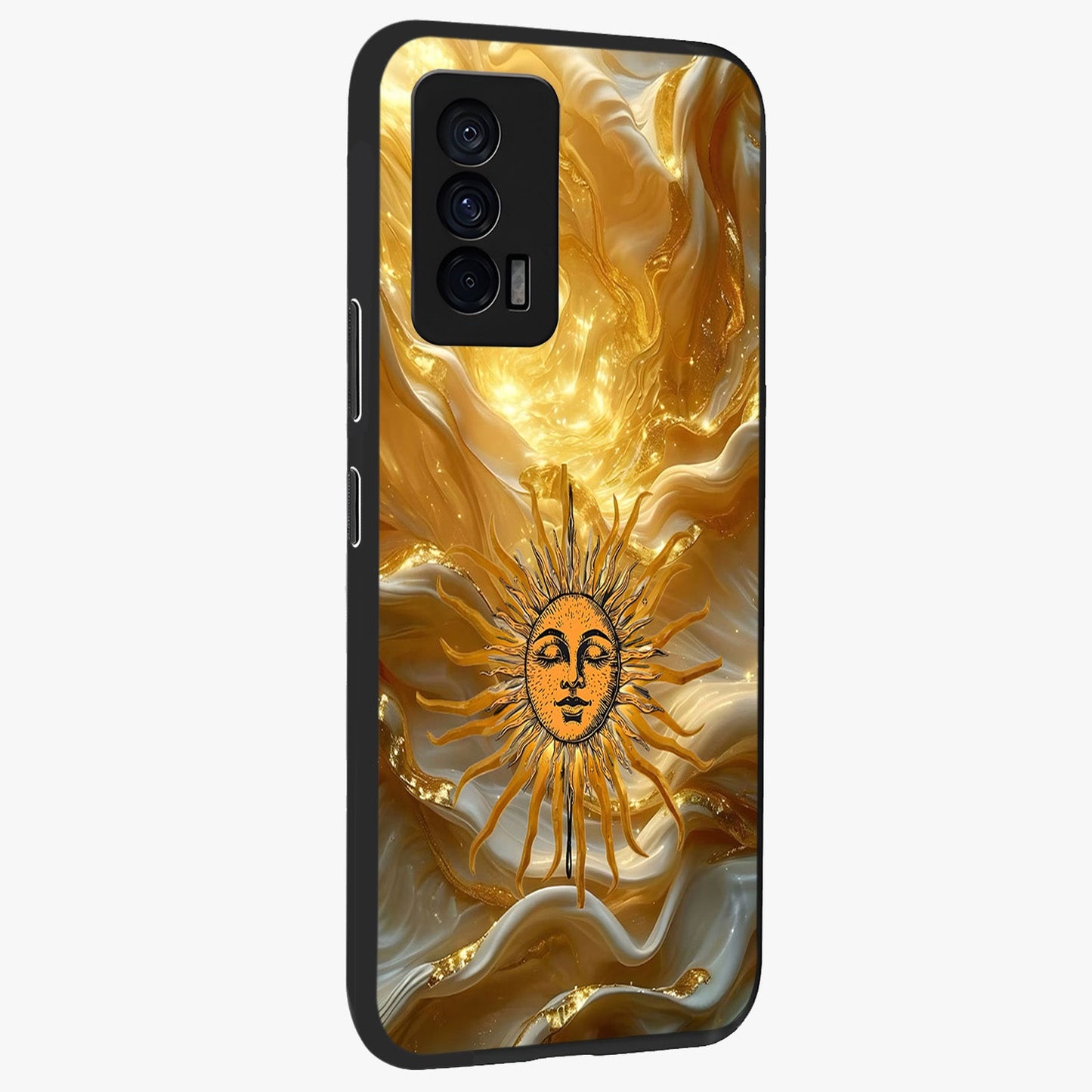 Eternal Golden Glow Glass Case upright view showcasing luminous golden artwork with luxurious visual theme.