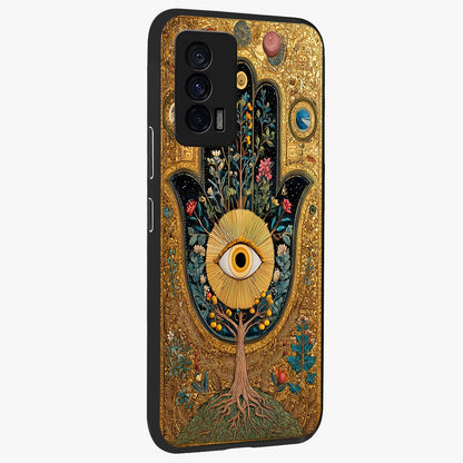 Ethereal Evil Eye Glass Case upright view showcasing celestial evil eye artwork with mystical theme.
