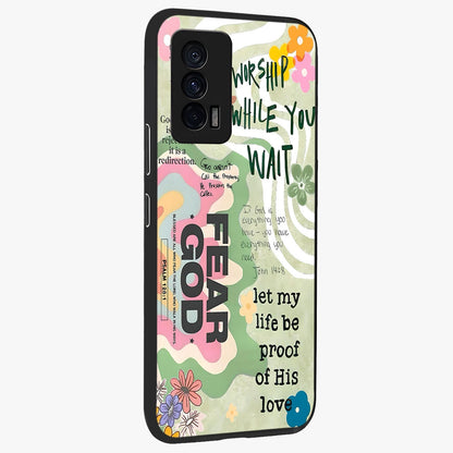 Faith Over Fear Glass Case upright view showcasing bold typography artwork with uplifting motivational theme.
