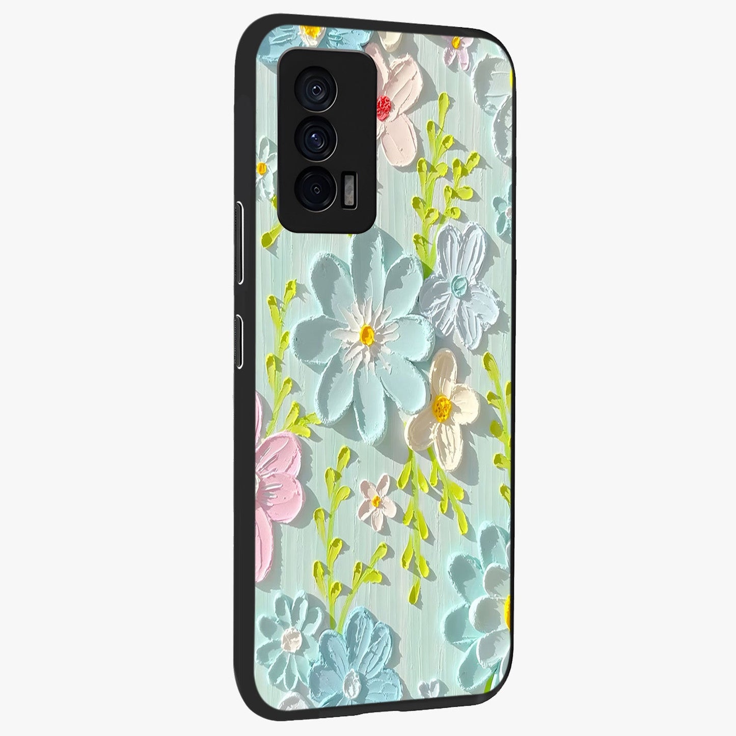 Frosted Petal Garden Glass Case upright view showcasing elegant floral garden artwork with soothing pastel theme.