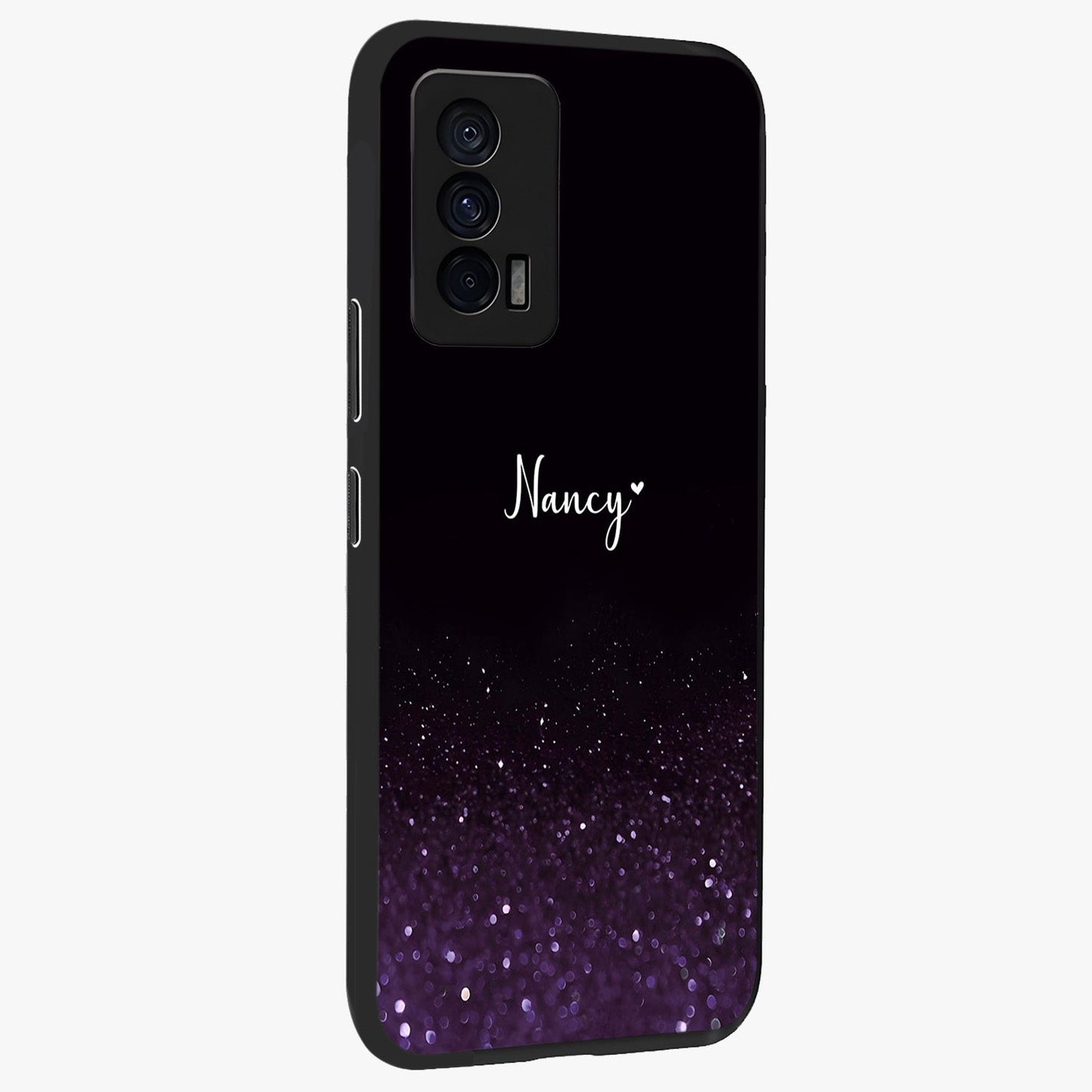 Glittery Purple Bokeh Custom Name Glass Case upright view showcasing vibrant purple sparkle artwork with personalized aesthetic style.