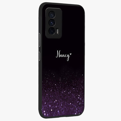 Glittery Purple Bokeh Custom Name Glass Case upright view showcasing vibrant purple sparkle artwork with personalized aesthetic style.