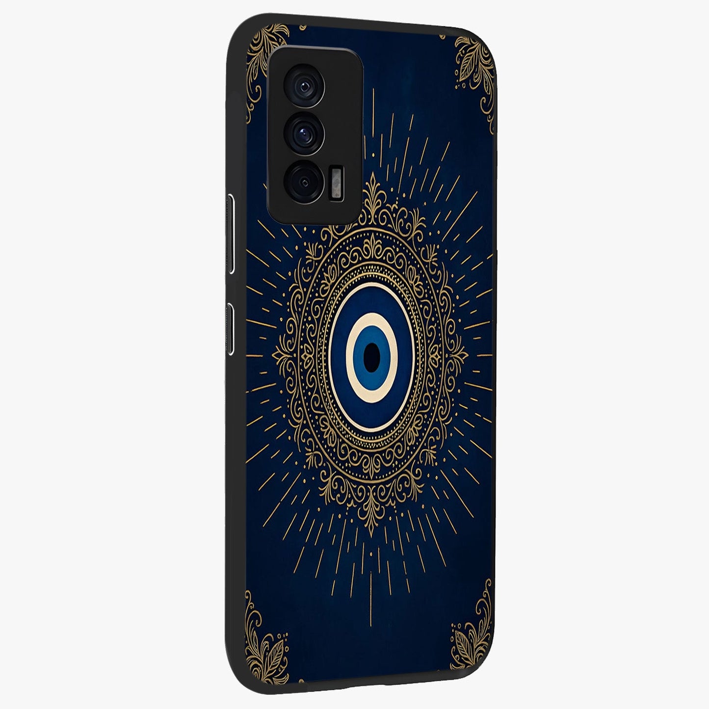 Golden Celestial Charm Glass Case upright view showcasing radiant celestial artwork with elegant golden theme.