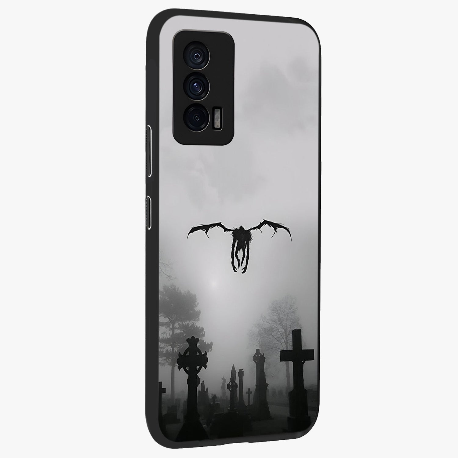 Graveyard Shadow Descent Glass Case upright view showcasing haunting graveyard artwork with dramatic dark theme.