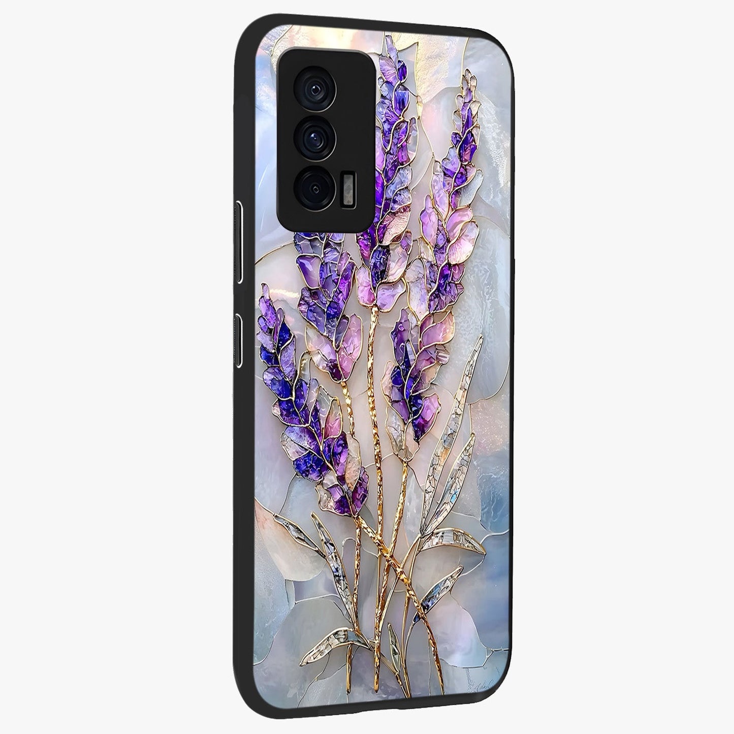 Lavender Dream Glow Glass Case upright view showcasing radiant lavender glow artwork with calming dreamy theme.