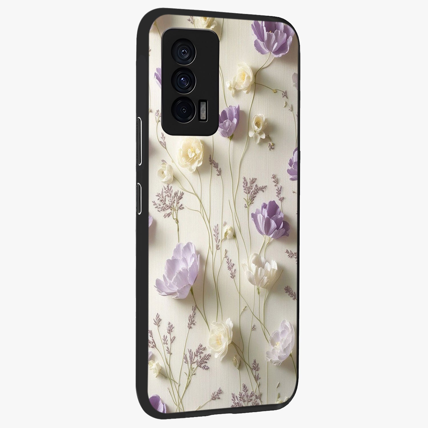 Lilac Breeze Harmony Glass Case upright view showcasing delicate lilac artwork with peaceful floral theme.