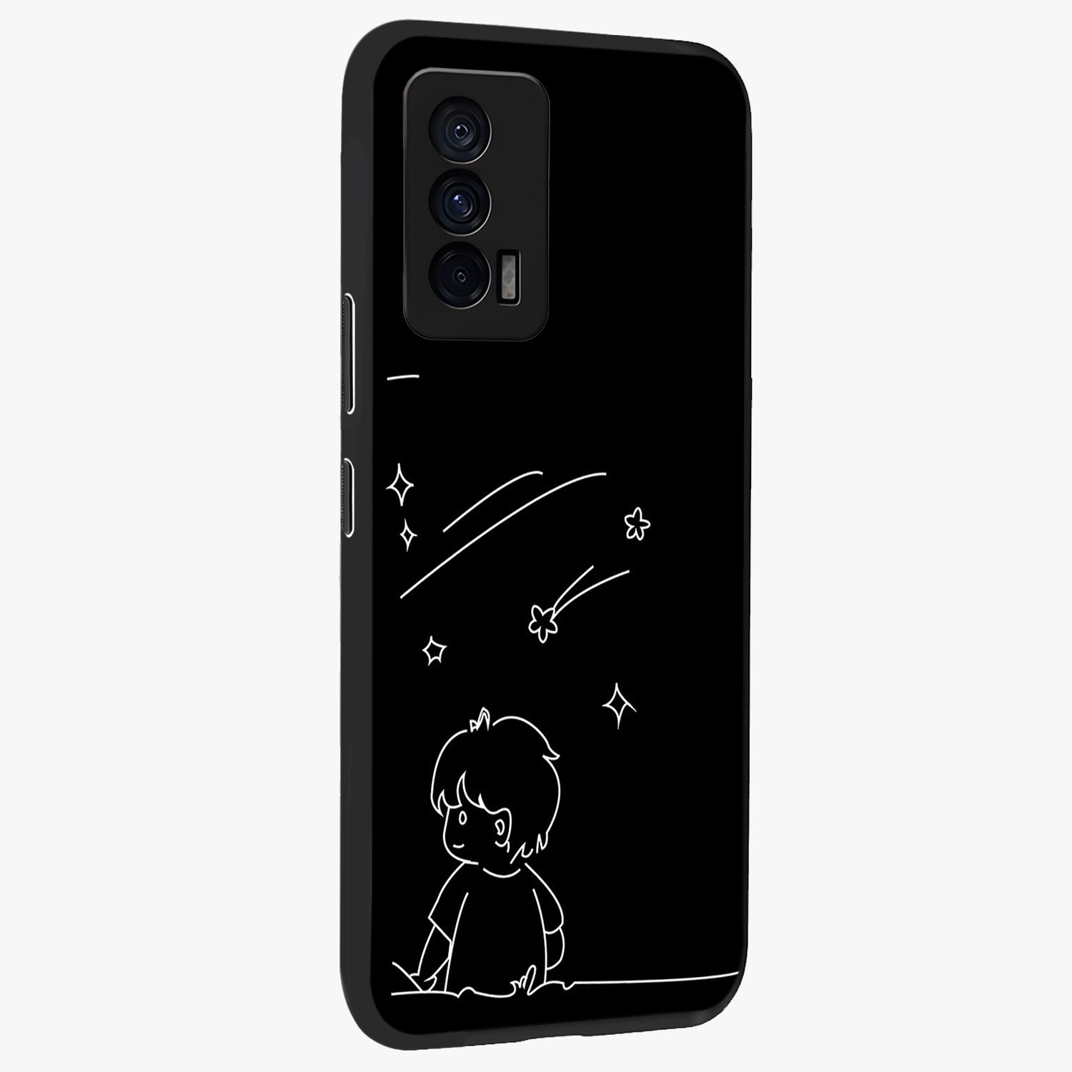 Line Art Boy With Shooting Stars Glass Case upright view showcasing artistic shooting star illustration with minimal style.
