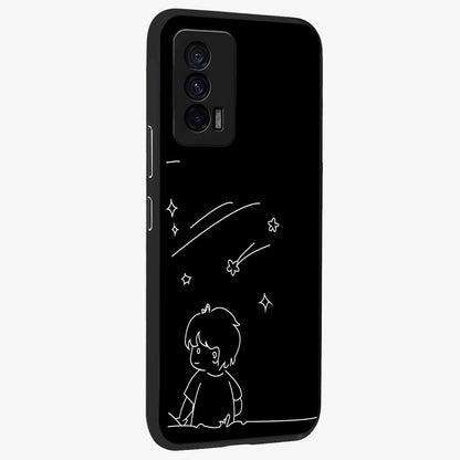 Line Art Boy With Shooting Stars Glass Case upright view showcasing artistic shooting star illustration with minimal style.