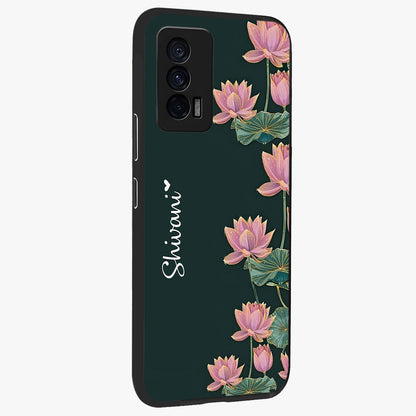 Lotus Bloom Serenity Custom Name Glass Case upright view showcasing serene lotus bloom artwork with personalized floral aesthetic.