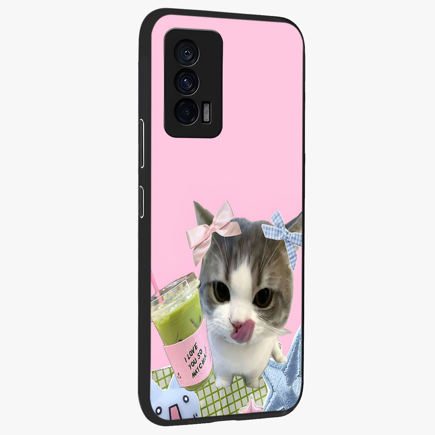 Love Matcha Cat Glass Case upright view showcasing adorable cat artwork with charming matcha themed design.