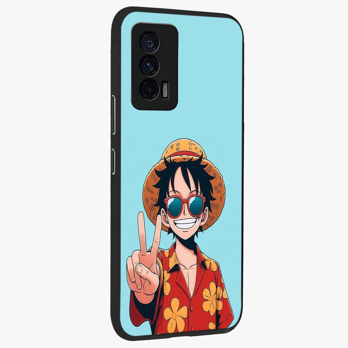 Luffy Summer Anime Vibe Glass Case upright view showcasing dynamic anime artwork with bright adventurous theme.