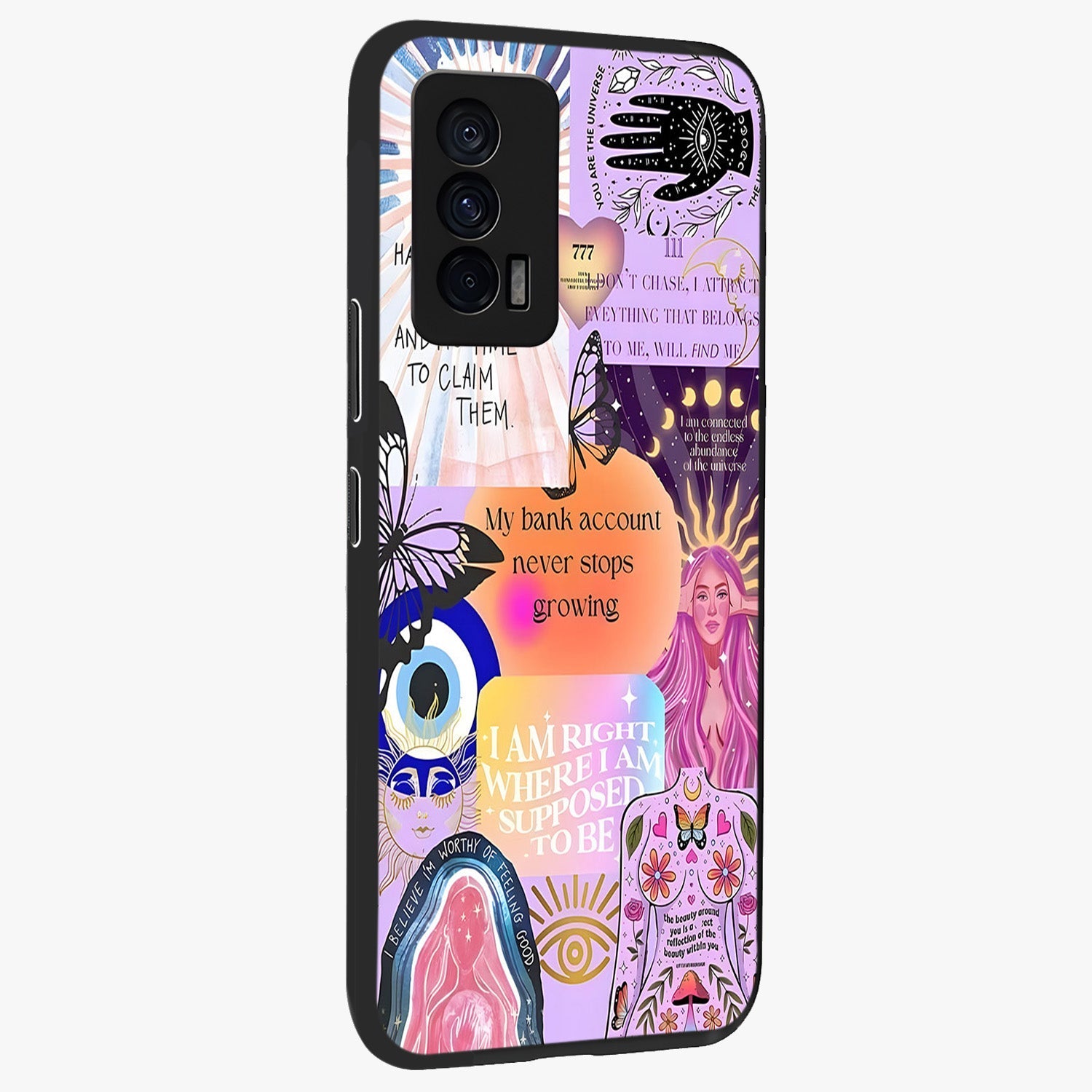 Manifestation Collage Glass Case upright view showcasing artistic manifestation themed artwork with creative style.