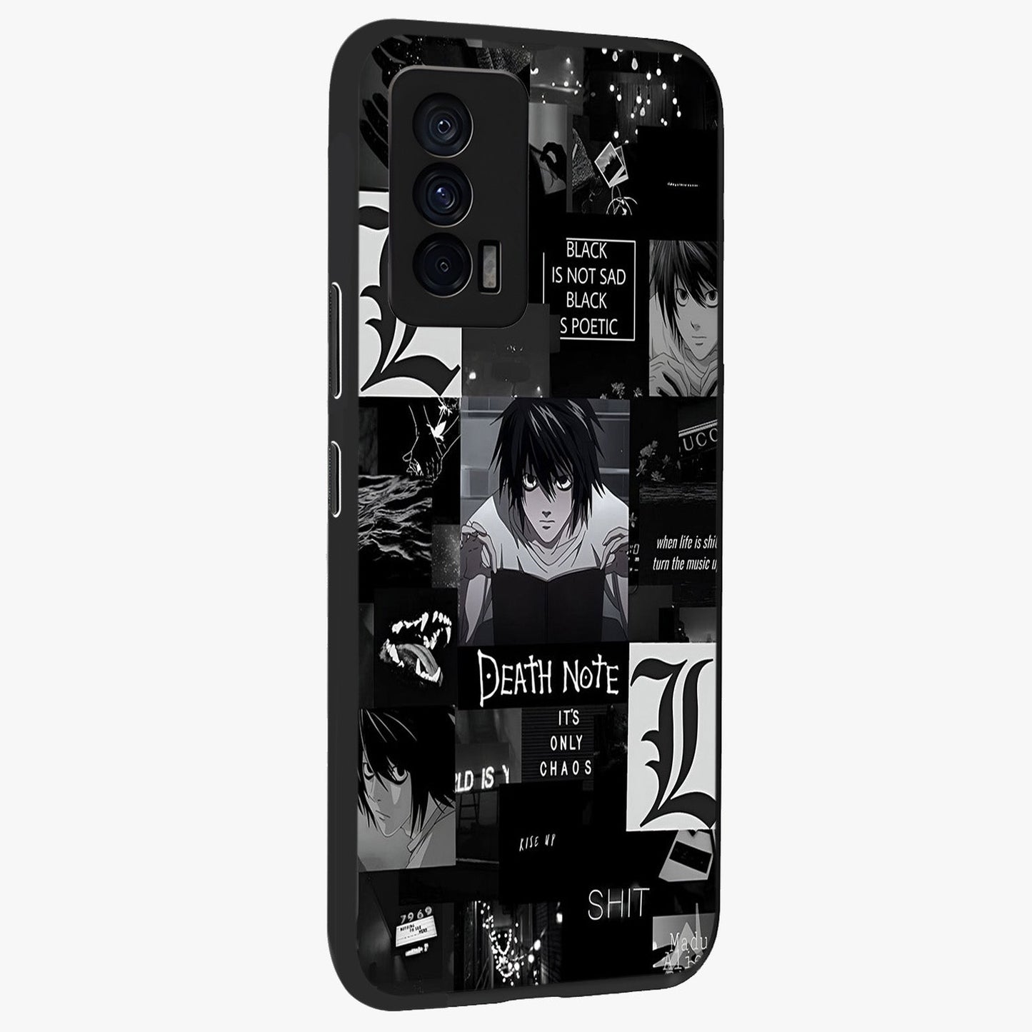 Midnight Chaos Mind Glass Case upright view showcasing expressive abstract artwork with bold dark theme.