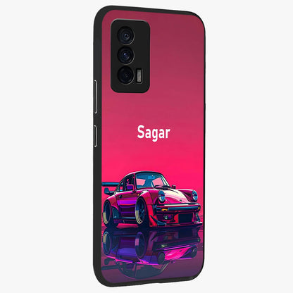 Neon Pink Porsche Glass Case upright view showcasing vibrant sports car artwork with bold automotive theme.