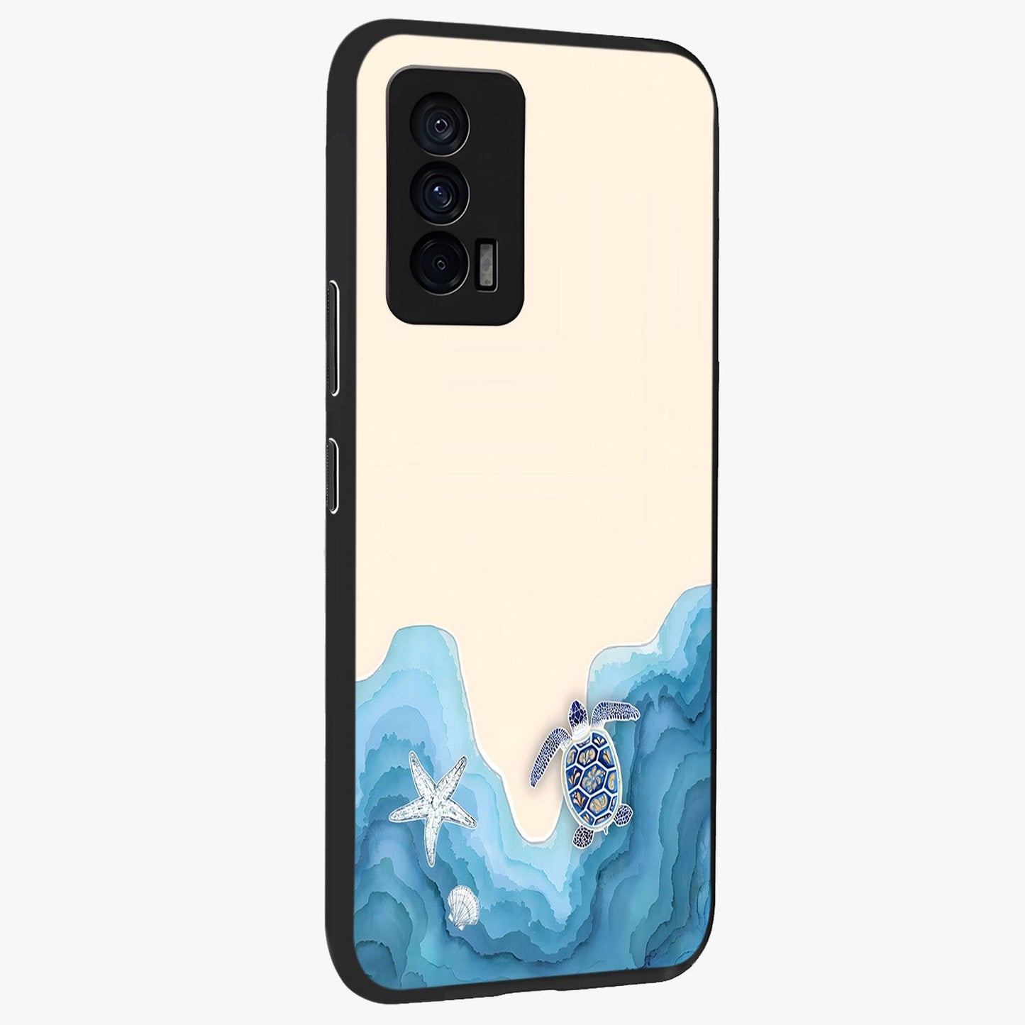 Ocean Drift Turtle Glass Case upright view showcasing calm underwater turtle artwork with nature inspired theme.