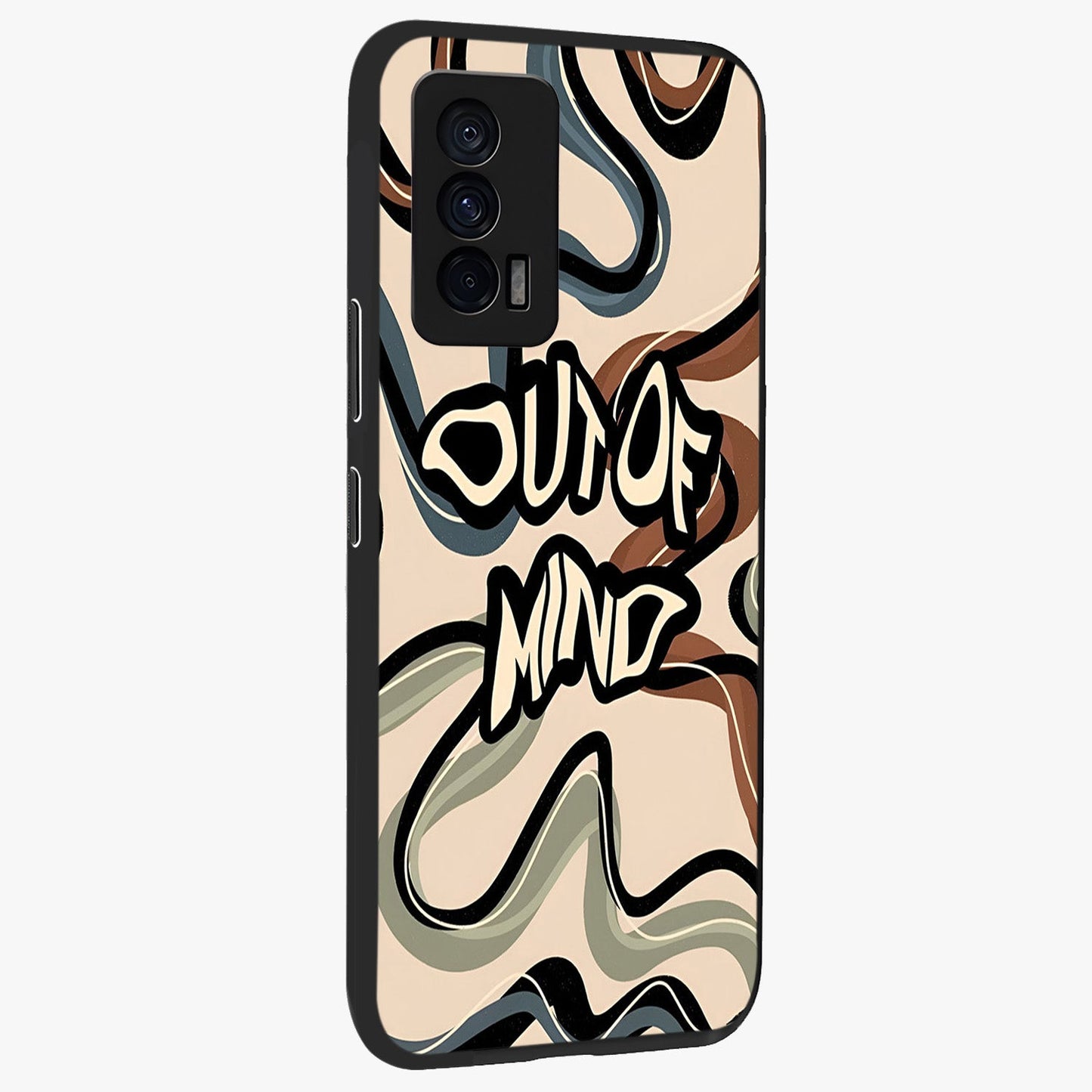Out Of Mind Glass Case upright view showcasing striking typography artwork with edgy conceptual theme.