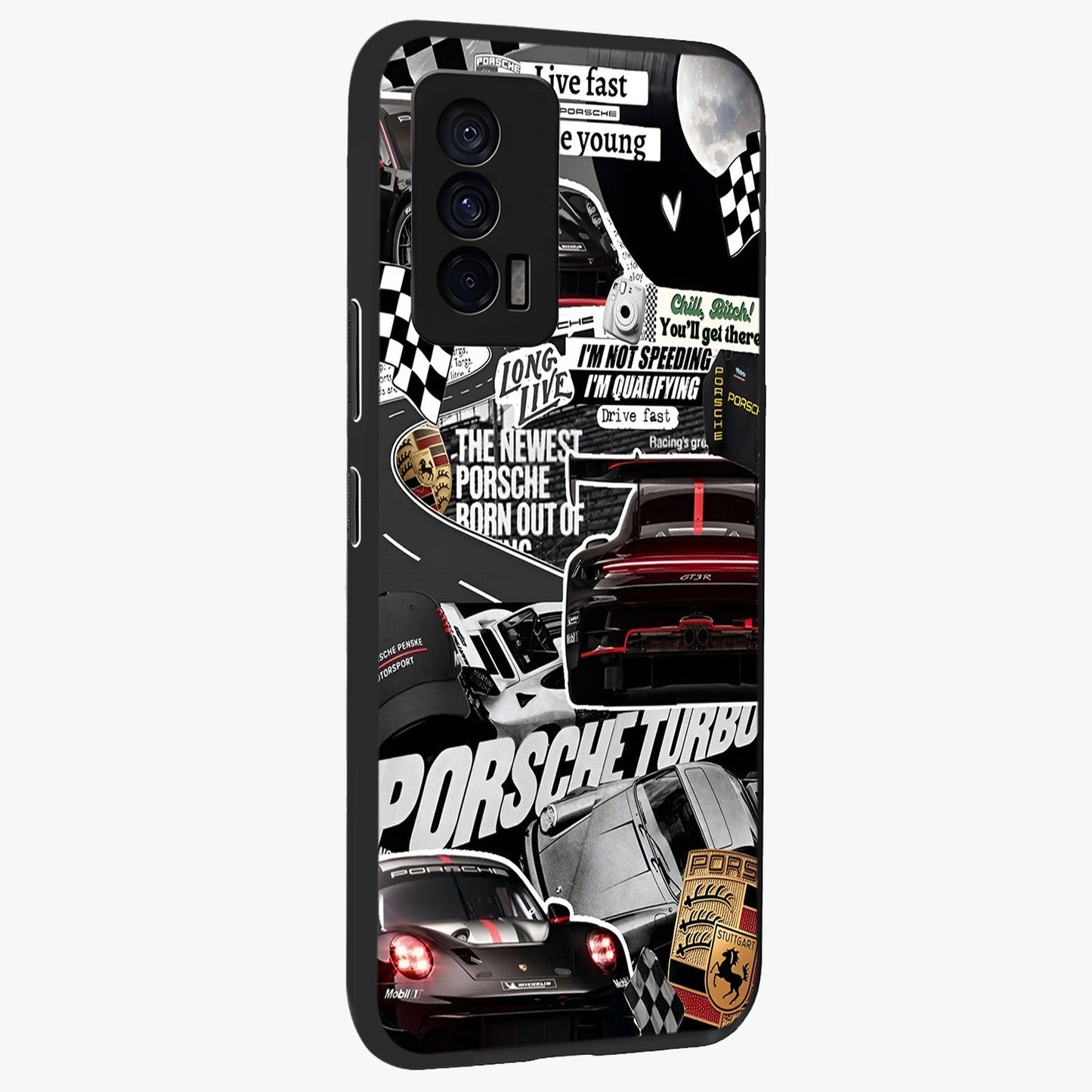 Porsche Racing Collage Glass Case upright view showcasing energetic car collage artwork with high speed racing theme.