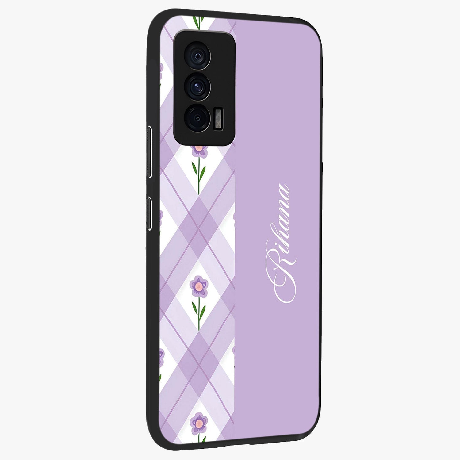 Purple Diamond Floral Glass Case upright view showcasing vibrant floral artwork with stylish geometric theme.