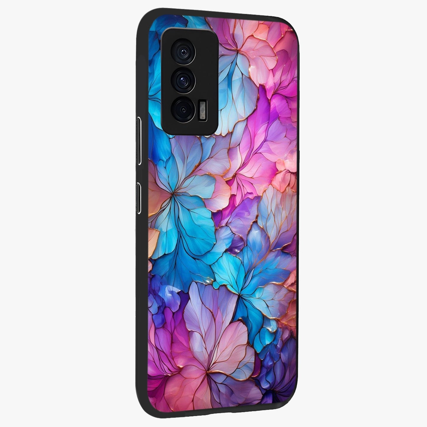 Radiant Floral Whirl Glass Case upright view showcasing lively floral artwork with decorative swirl theme.