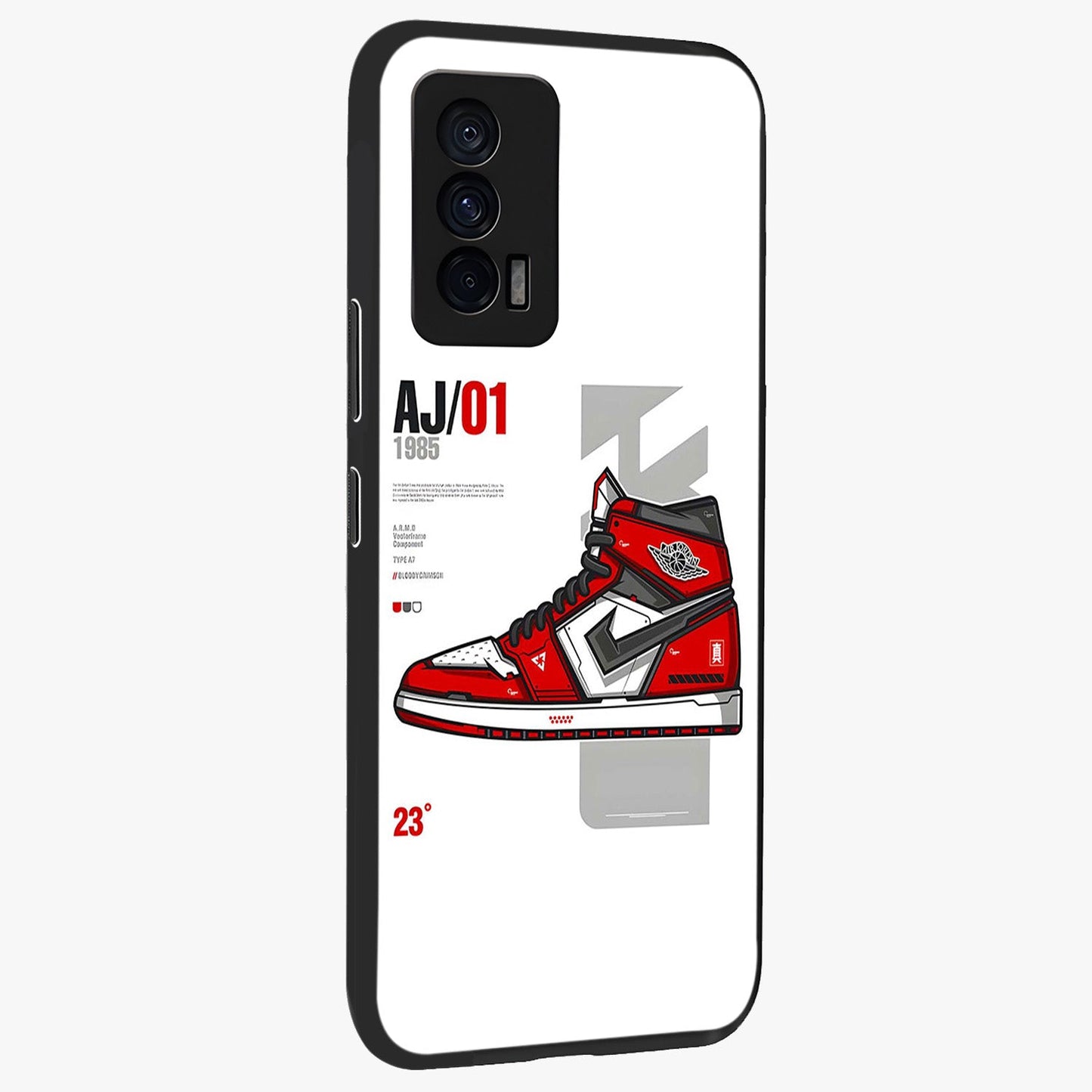 Retro Sneaker Blueprint Glass Case upright view showcasing stylish sneaker illustration with vintage streetwear theme.