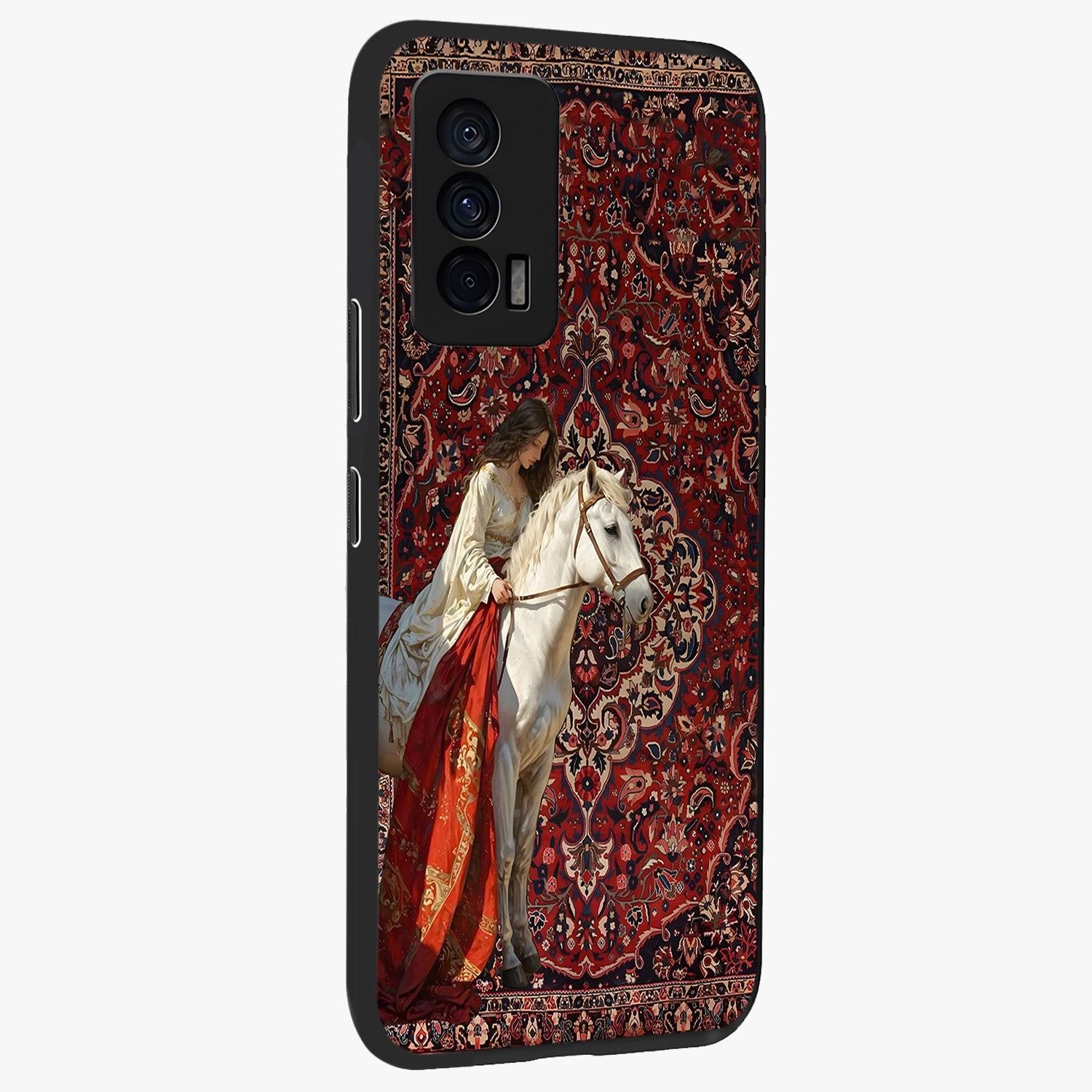 Royal Rider Tapestry Glass Case upright view showcasing detailed rider artwork with classic tapestry theme.