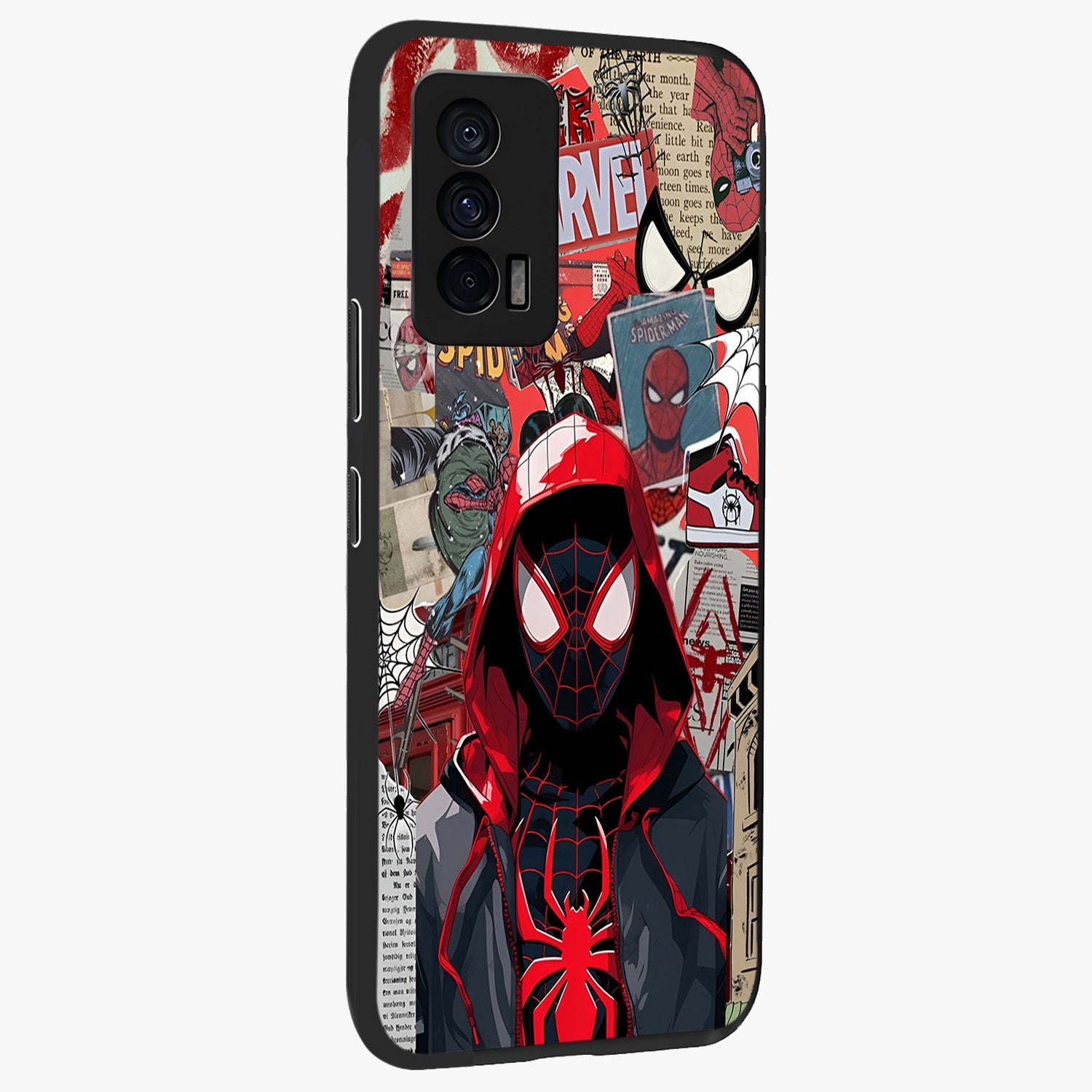 Spider Collage Street Glass Case upright view showcasing bold superhero artwork with urban street theme.
