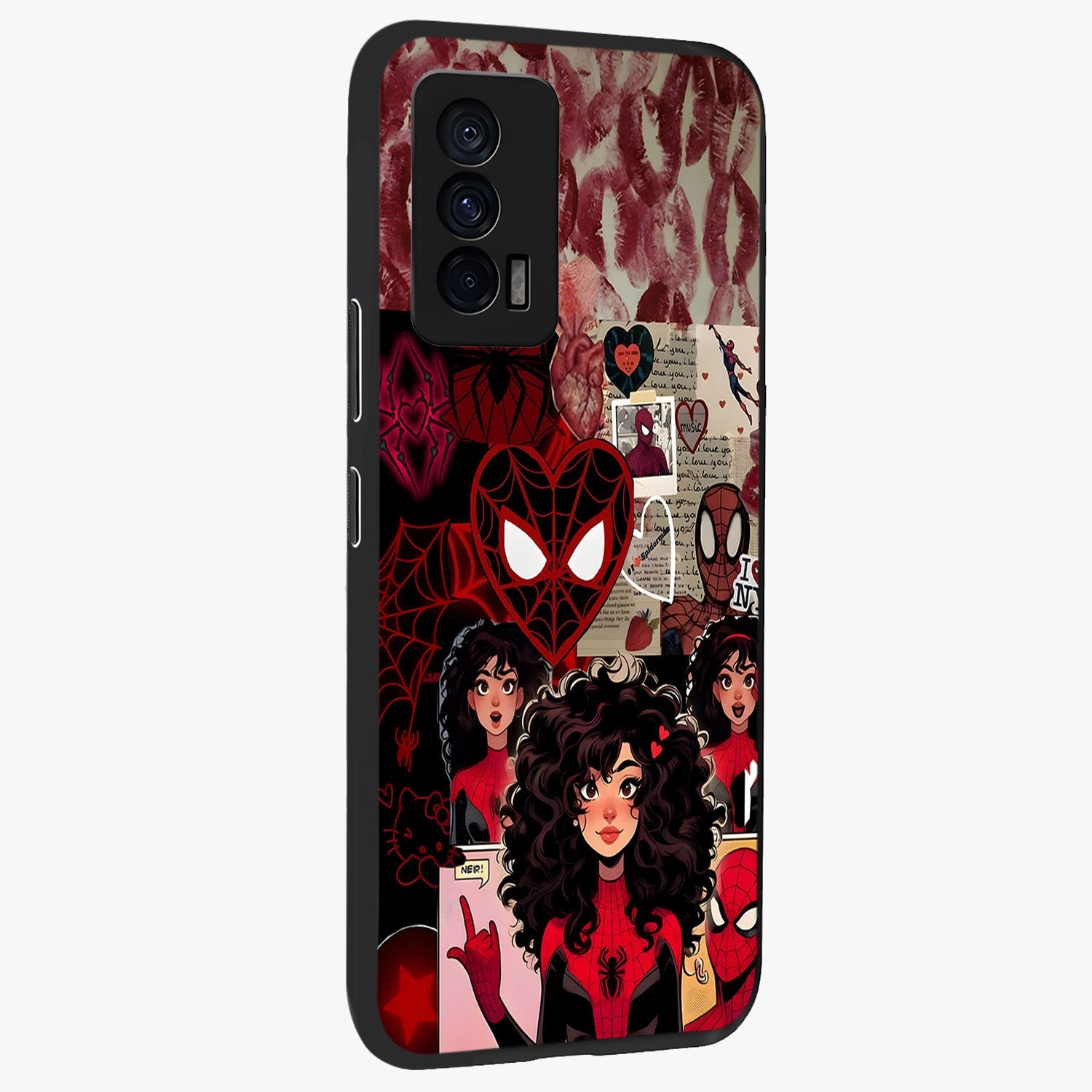 Spider Love Story Glass Case upright view showcasing charming superhero artwork with romantic comic theme.