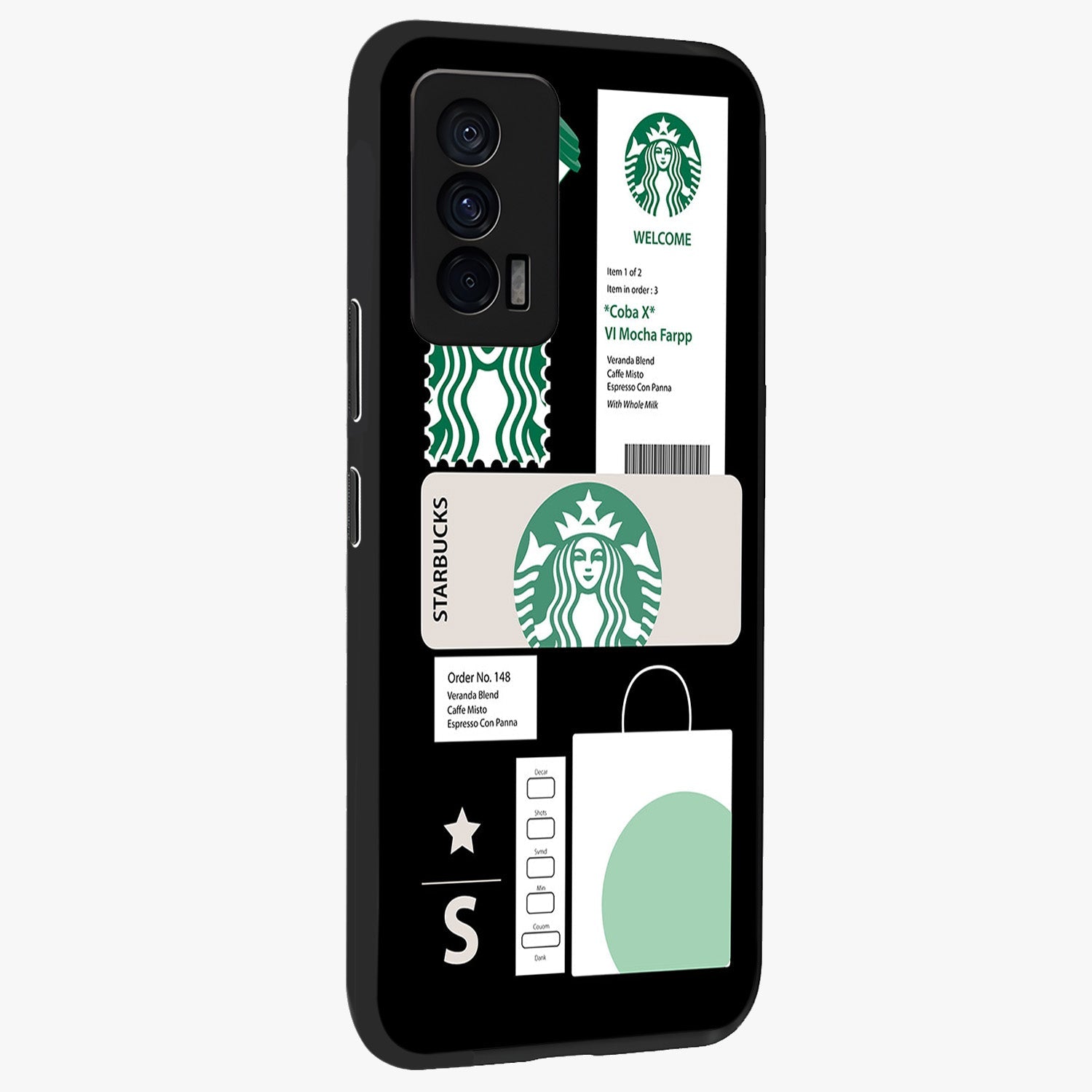 Starbucks Mocha Glass Case upright view showcasing trendy coffee inspired artwork with modern lifestyle theme.
