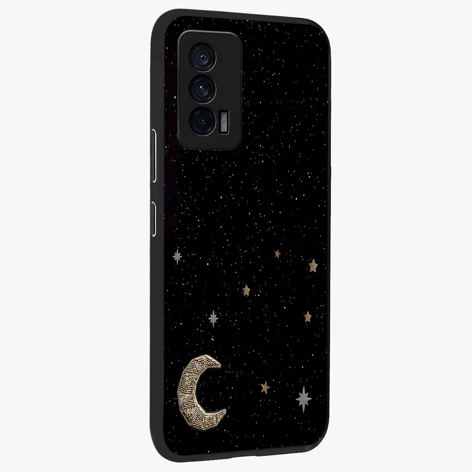 Twinkle Star With Half Moon Glass Case upright view showcasing glowing cosmic artwork with dreamy night theme.