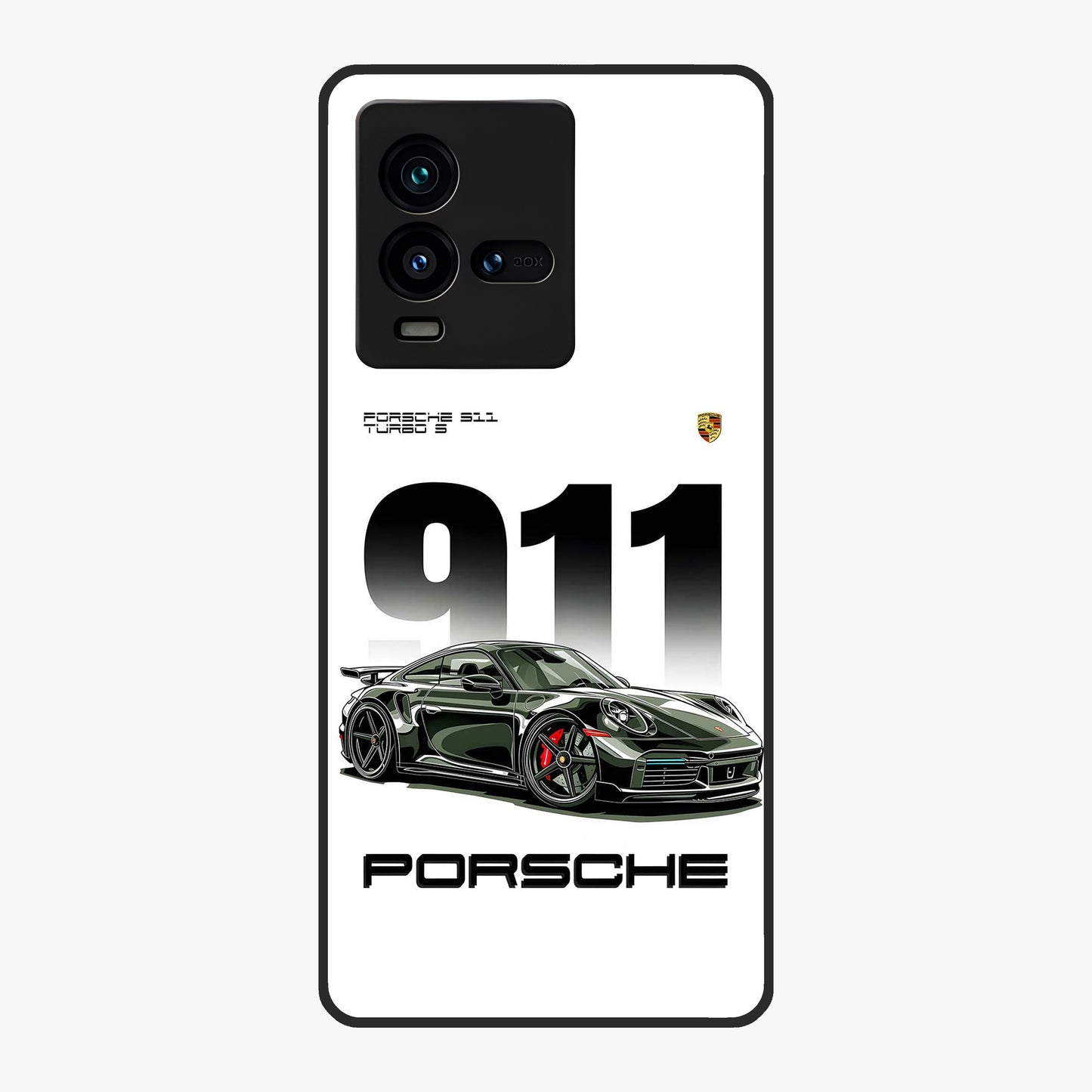 911 Turbo Dominance Glass Case showing clean flat back view with bold 911 sports car artwork and glossy glass finish.