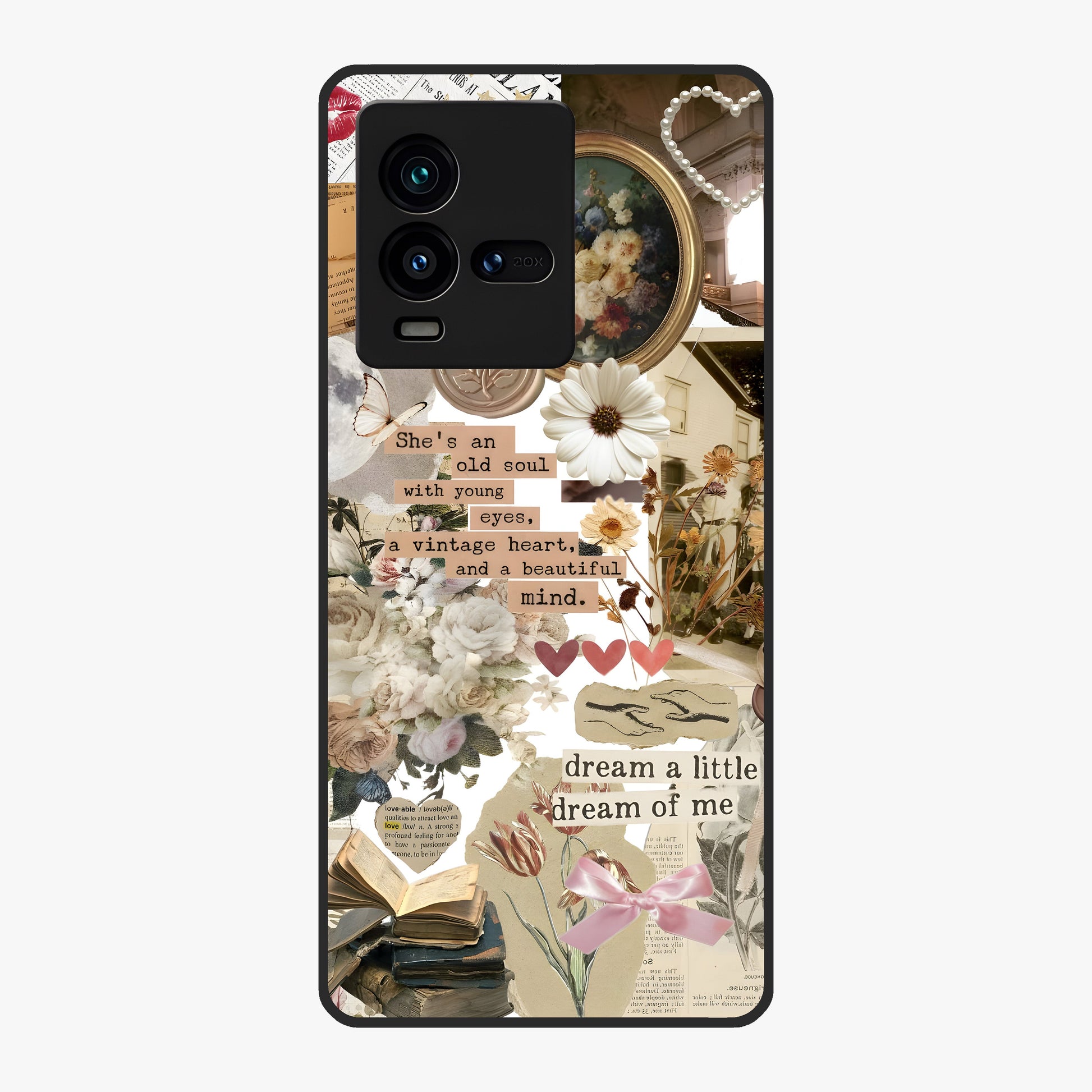 Aesthetic Brown Vintage Collage Glass Case showing flat back view with retro collage artwork and glossy glass finish.