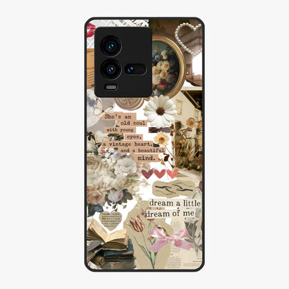 Aesthetic Brown Vintage Collage Glass Case showing flat back view with retro collage artwork and glossy glass finish.