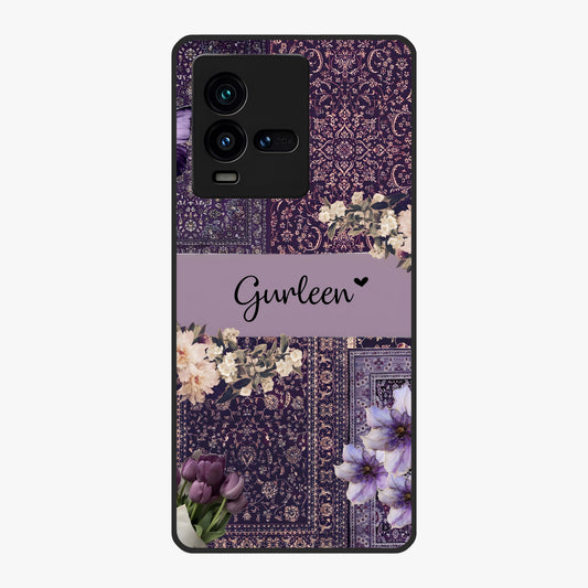 Antique Floral Whisper Custom Name Glass Case showing flat back view with vintage floral artwork and personalized name design.
