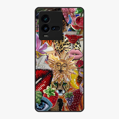 Beaded Fashion Jungle Glass Case showing flat back view with vibrant jungle inspired bead artwork and glossy glass finish.