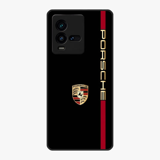 Black Minimal Porsche Glass Case showing flat back view with sleek minimal sports car artwork and glossy glass finish.