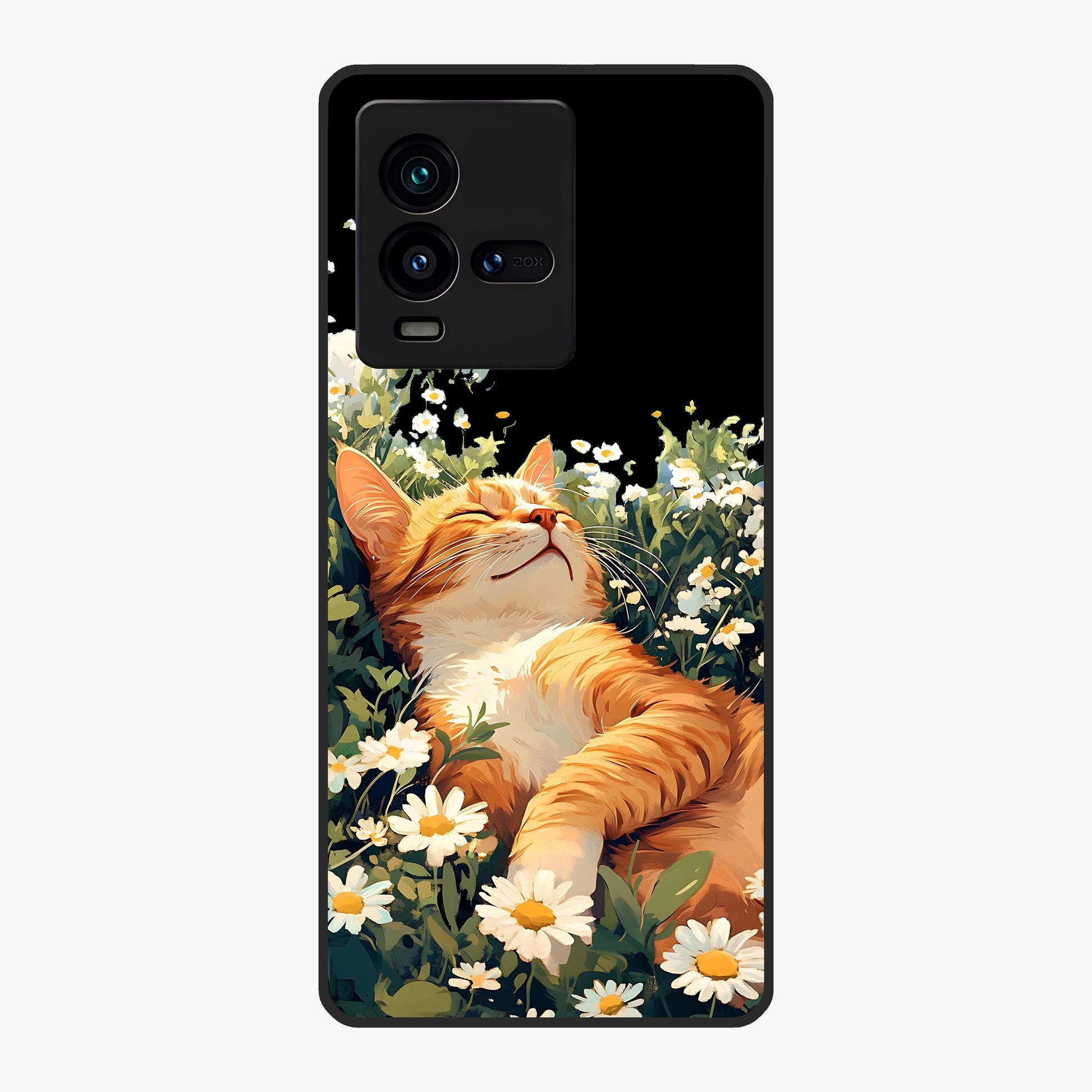 Blissful Bloom Cat Glass Case showing flat back view with cute cat and floral bloom artwork and glossy glass finish.