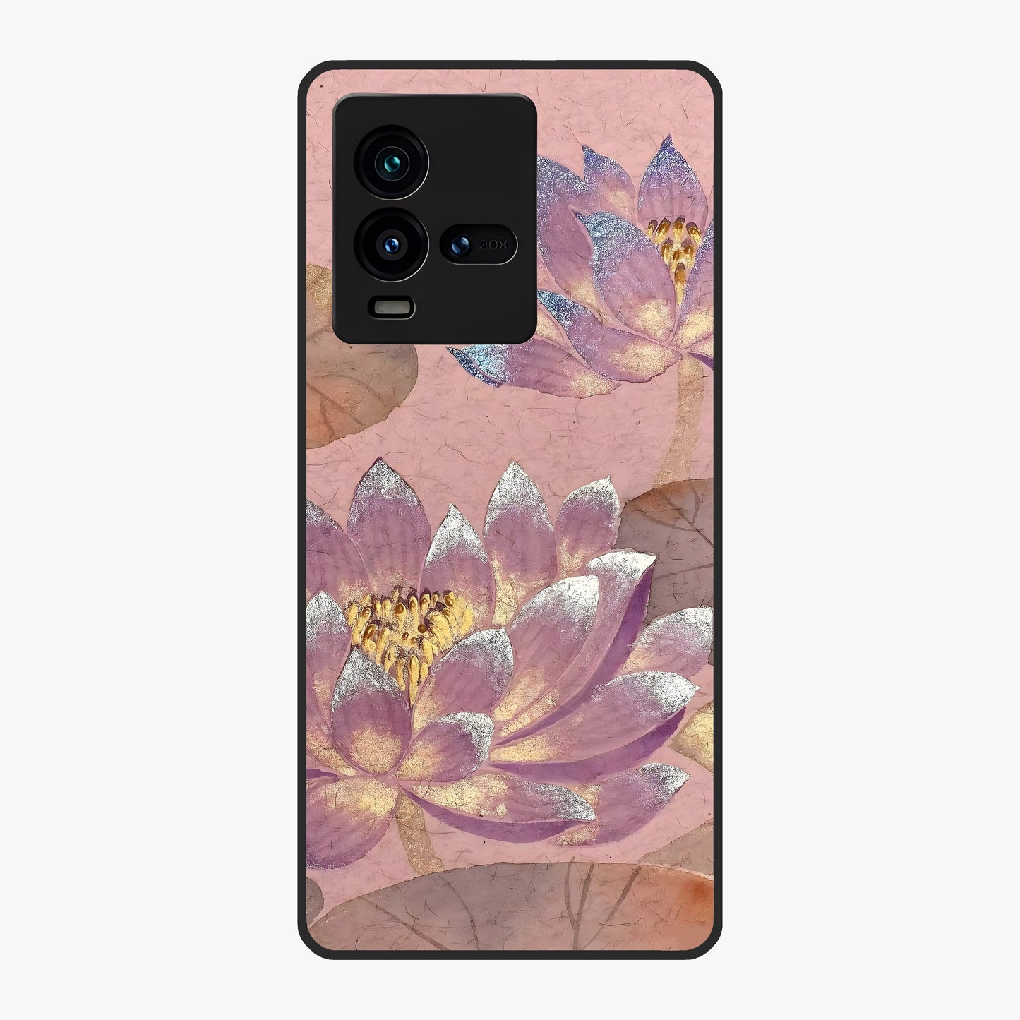 Blossom Mist Lotus Glass Case showing flat back view with serene lotus blossom artwork and glossy glass finish.